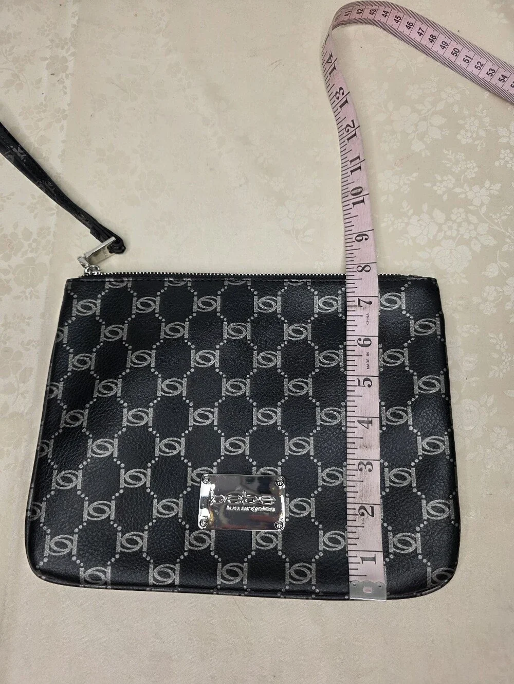 Bebe Black Silver All Over Monogram Logo Zip Wristlet Handbag Evening Bag